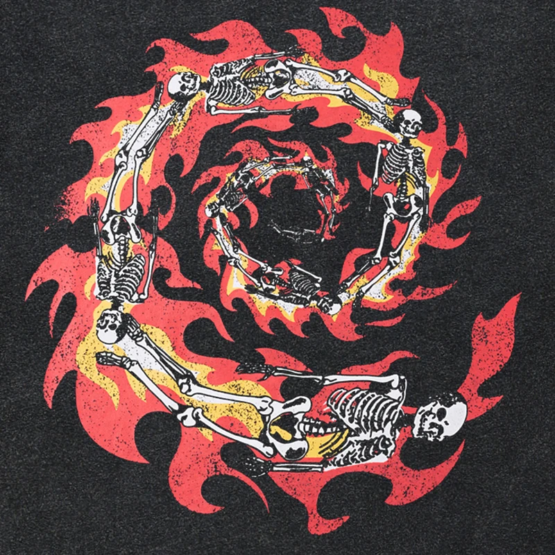 Hip Hop Streetwear Men T-Shirt Oversized Burning Skull Vintage Graphic T Shirt Cotton Washed Black Tshirt Unisex Tops Tees