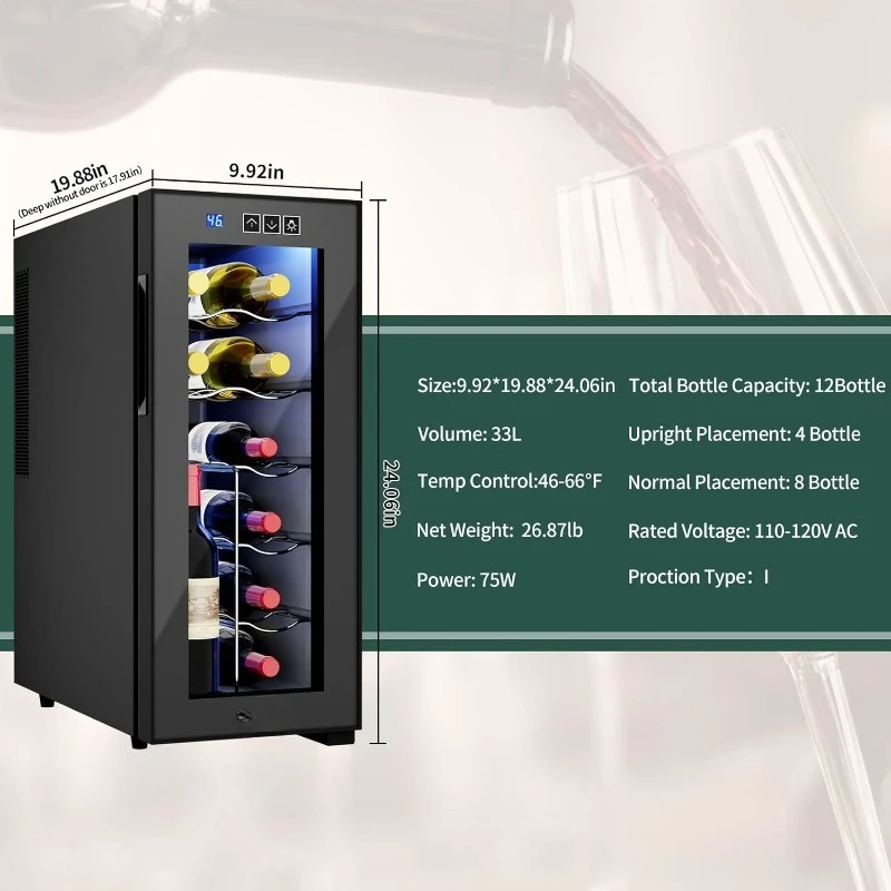 Weinkühler für 12 Flaschen, Weinkühlschrank klein, 46-66 ° F, freistehender Weinkühler-Kühlschrank mit digitaler Temperaturregelung