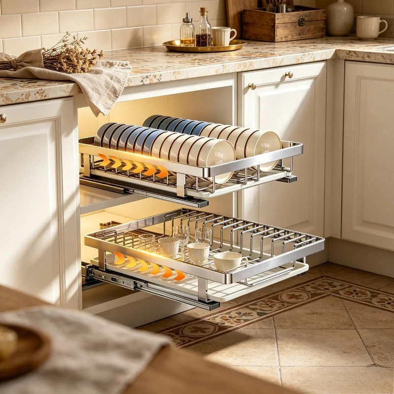 Stainless Steel Drawer-style Dish Rack, Slide-out Cabinet Basket Organizer for Plates & Bowls, Kitchen Drainage Holder Stand.