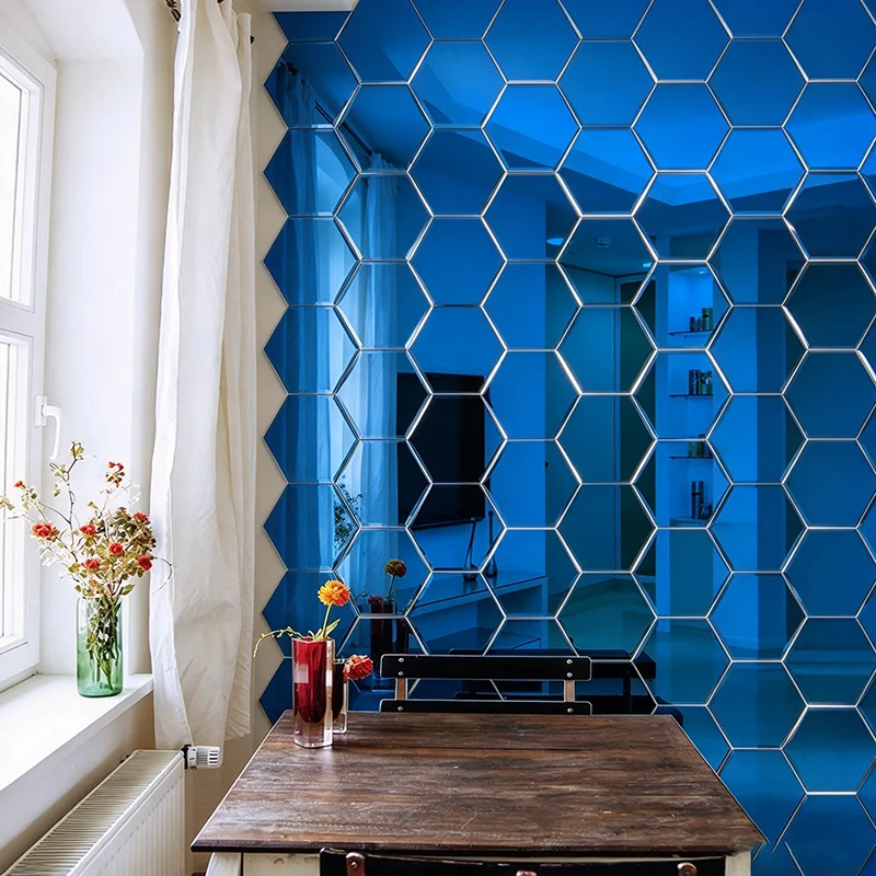 12PCS 3D Hexagon Mirror Wall Sticker Blue Gold DIY TV Background Living Room Stickers Wall Decor Bedroom Bathroom Home Decor