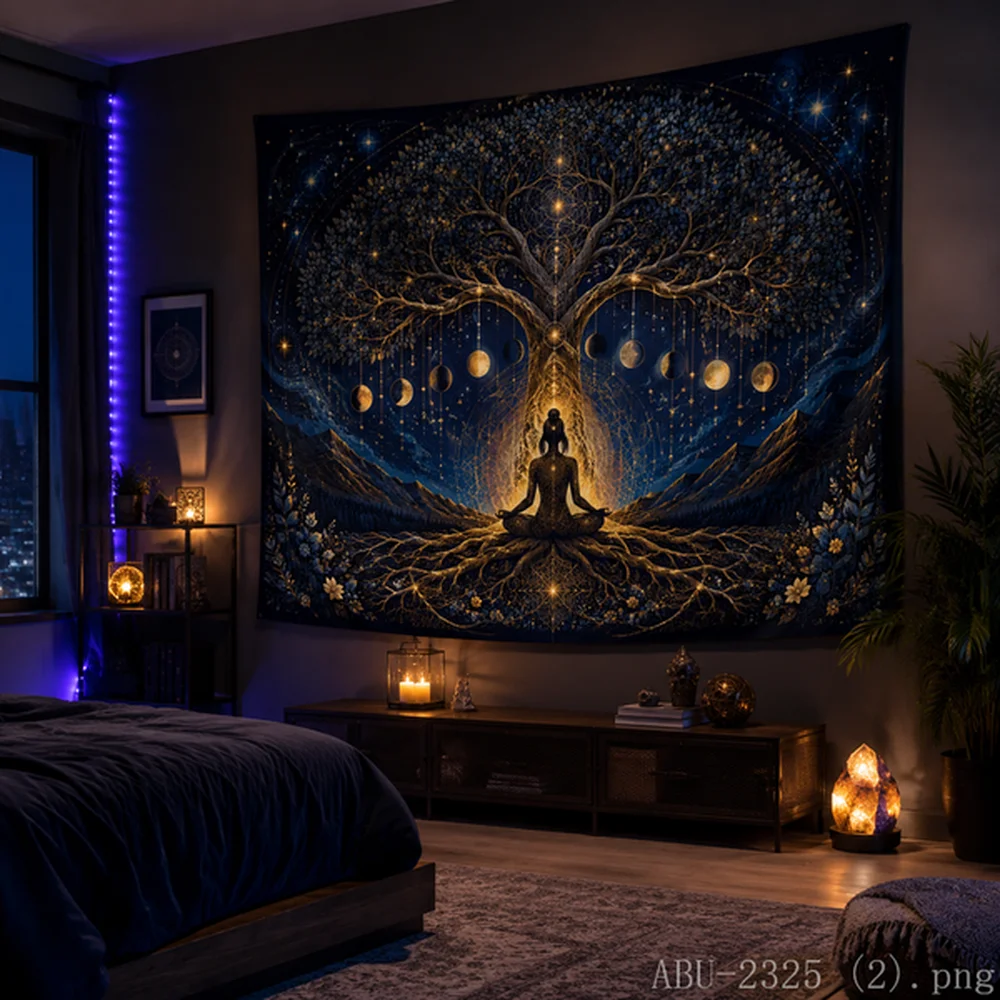 VIKAMA Golden Chakra Meditation Tapestry Flower of Life Wall Hanging for Yoga Room Spiritual Decor