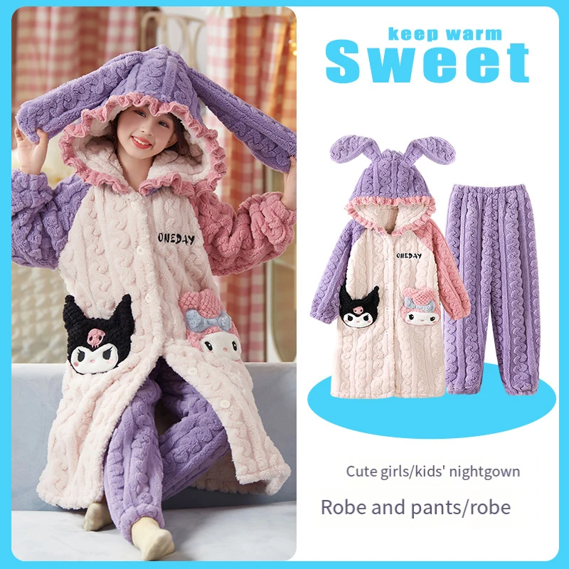 Kuromi Child Pajamas Girl Nightgown Autumn Winter Sanrios Coral Fleece Flannel Thicken Suit Girl Bathrobe Lounge Clothes