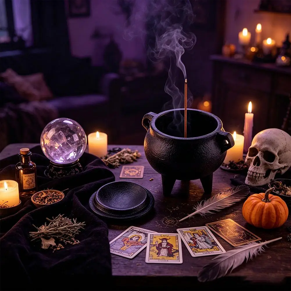 Mini Cast Iron Cauldron Incense Burner With Cover Wiccan Ritual Altar Container Incense Burner Halloween Decor Storage Pot
