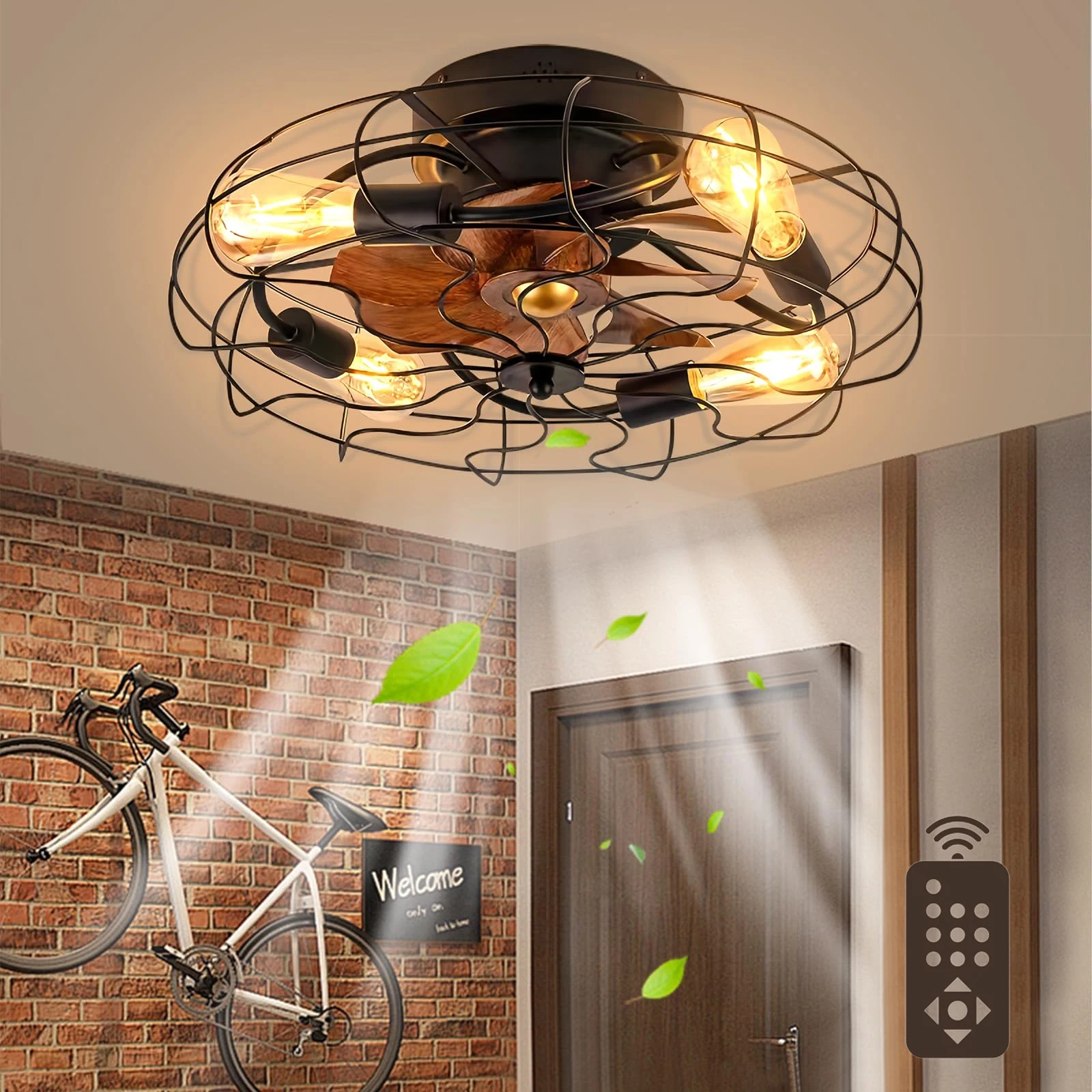 

Потолочный вентилятор с освещением, лампа E27, ретро-светильник с пультом дистанционного управления, 3-уровневая регулировка скорости вращения для гостиной и спальни