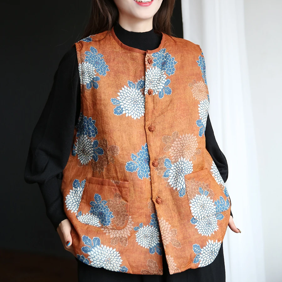 

Retro Artistic Faion Printed Flax Vest Women's Winter Cotton Lined Warm Outerwear Layering Trendy Single Button Closure
