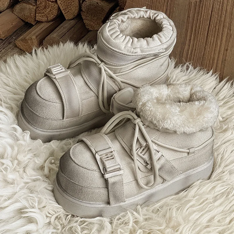 Winter Short Snow Boots Woman Cross Lace Up Round Toe Wool Warm Flat Platform Shoes Cow Suede Ankle Boots for Women 2026 New
