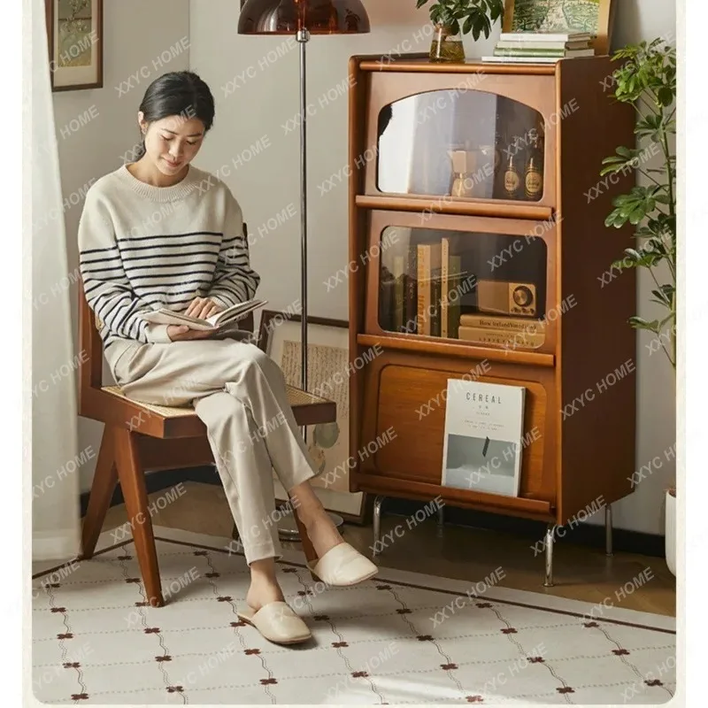XXMedieval solid wood bookcase, living room magazine cabinet, Japanese retro dining side flap display cabinet