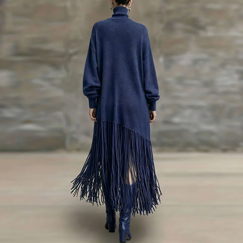 Women Turtleneck Knit Maxi Dress Long Sleeve Loose Sweater Asymmetrical Tassel Hem Dress Boho Fall Winter Party Streetwear Dress