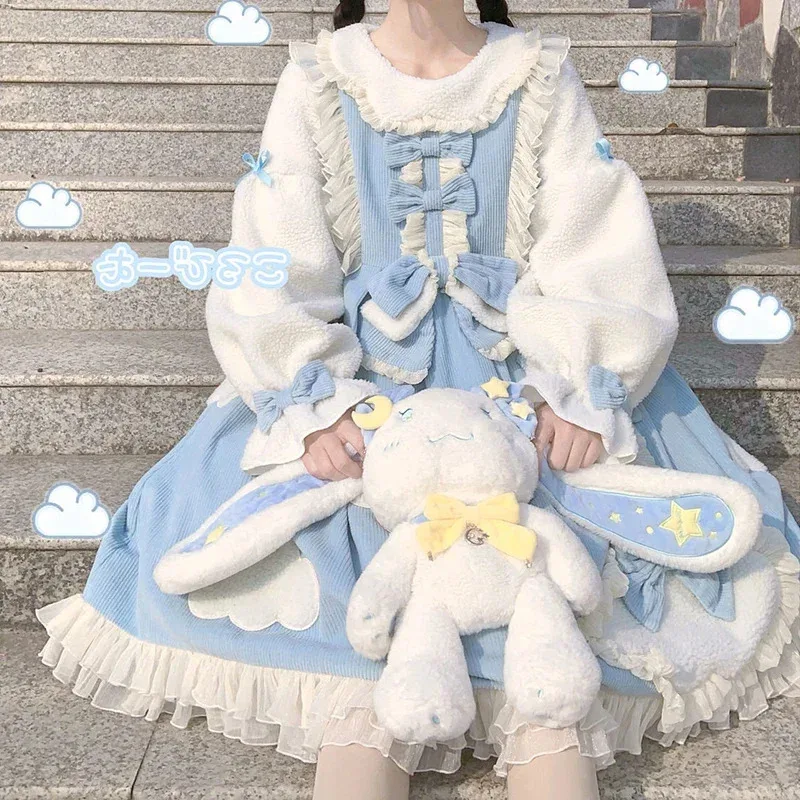Зимнее плюшевое бархатное платье Lamb Lolita Op, утолщенное теплое платье Kawaii Loli, милое студенческое сшитое сине-розовое платье размера плюс 2Xl 3Xl 4Xl PT19