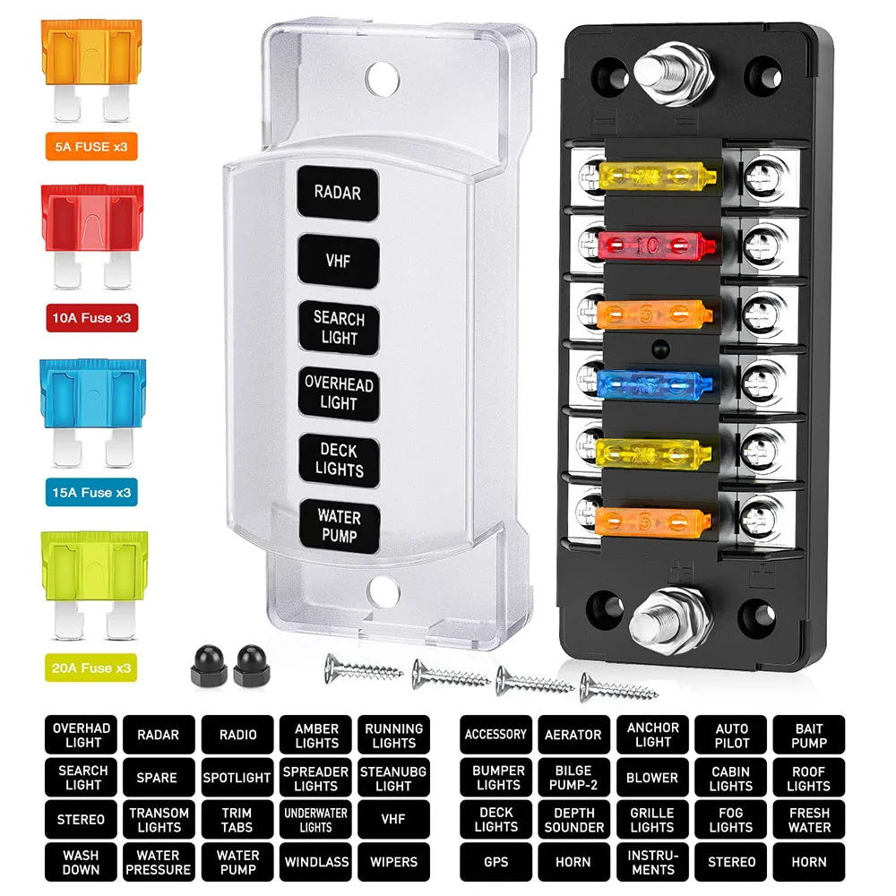 

6-way car fuse holder with negative busbar 12V blade type fuse holder ATC/ATO standard fuse box label sticker waterproof cover