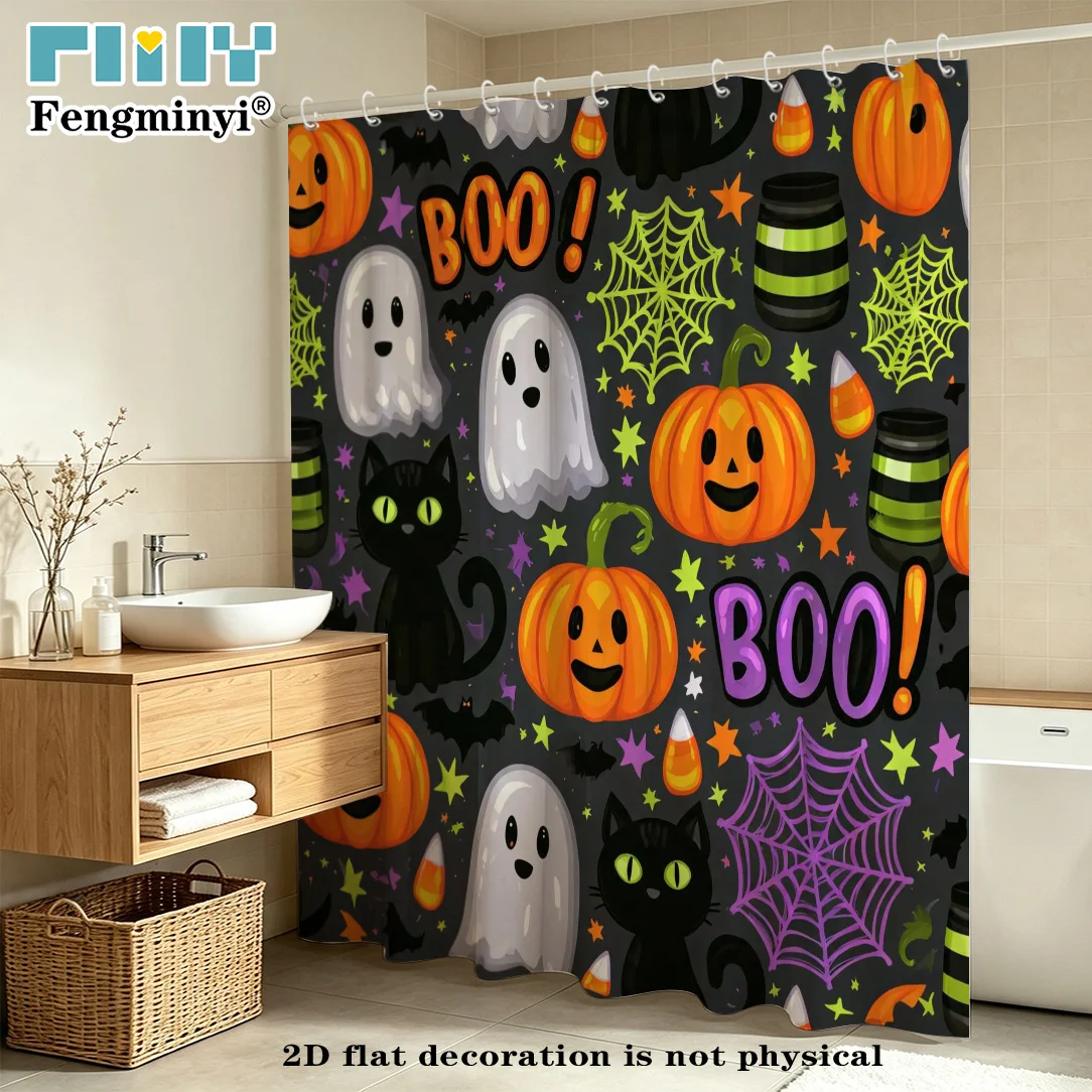 2D Flat, 2D Flat, 2D Flat Shower Curtain 1pc, Halloween Fun Ghost Pumpkin Black Cat Spider Web Theme Print, Polyester Fabric Bat