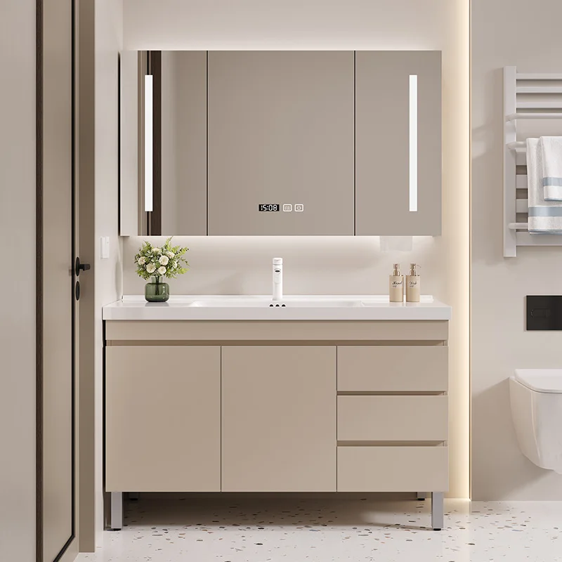 Cream-style multi-layer solid wood bathroom cabinet combination toilet, washbasin, washbasin, integrated ceramic basin, floor ca