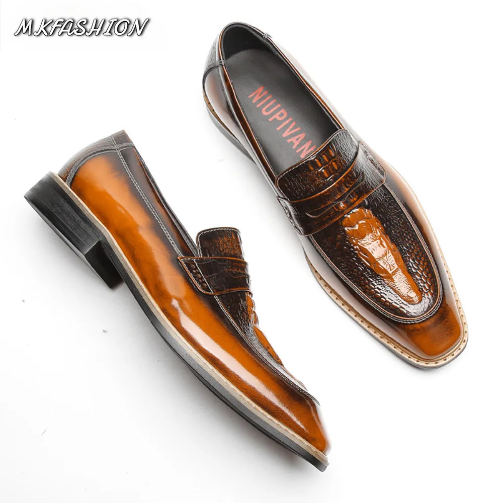 Patent Leather Loafers Square Toe Business Dress Shoes Men Vintage Embroidery Trendy