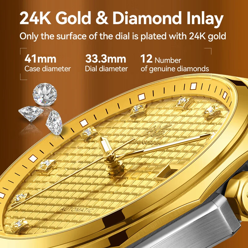 SHANGHAI Watch 24K Gold Men's Luxury Mechanical Watch 41mm Calendar Automatic Watches 316L Stainless Steel Diamond Luminous 8004