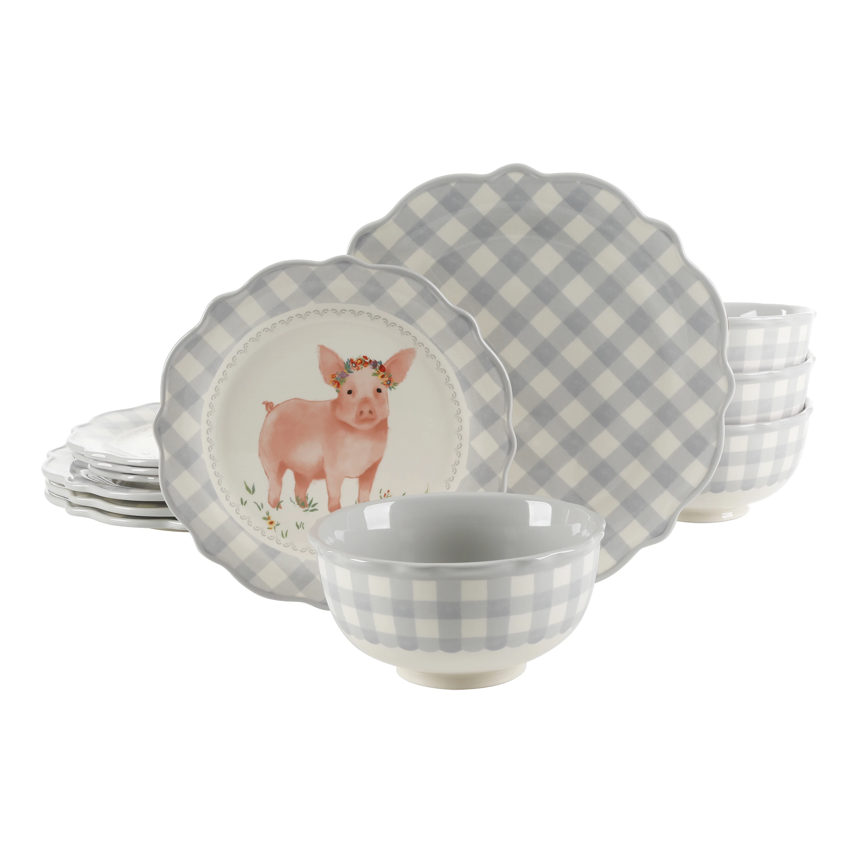 

Gingham-patterned 12-piece ceramic dinnerware set in gray tone