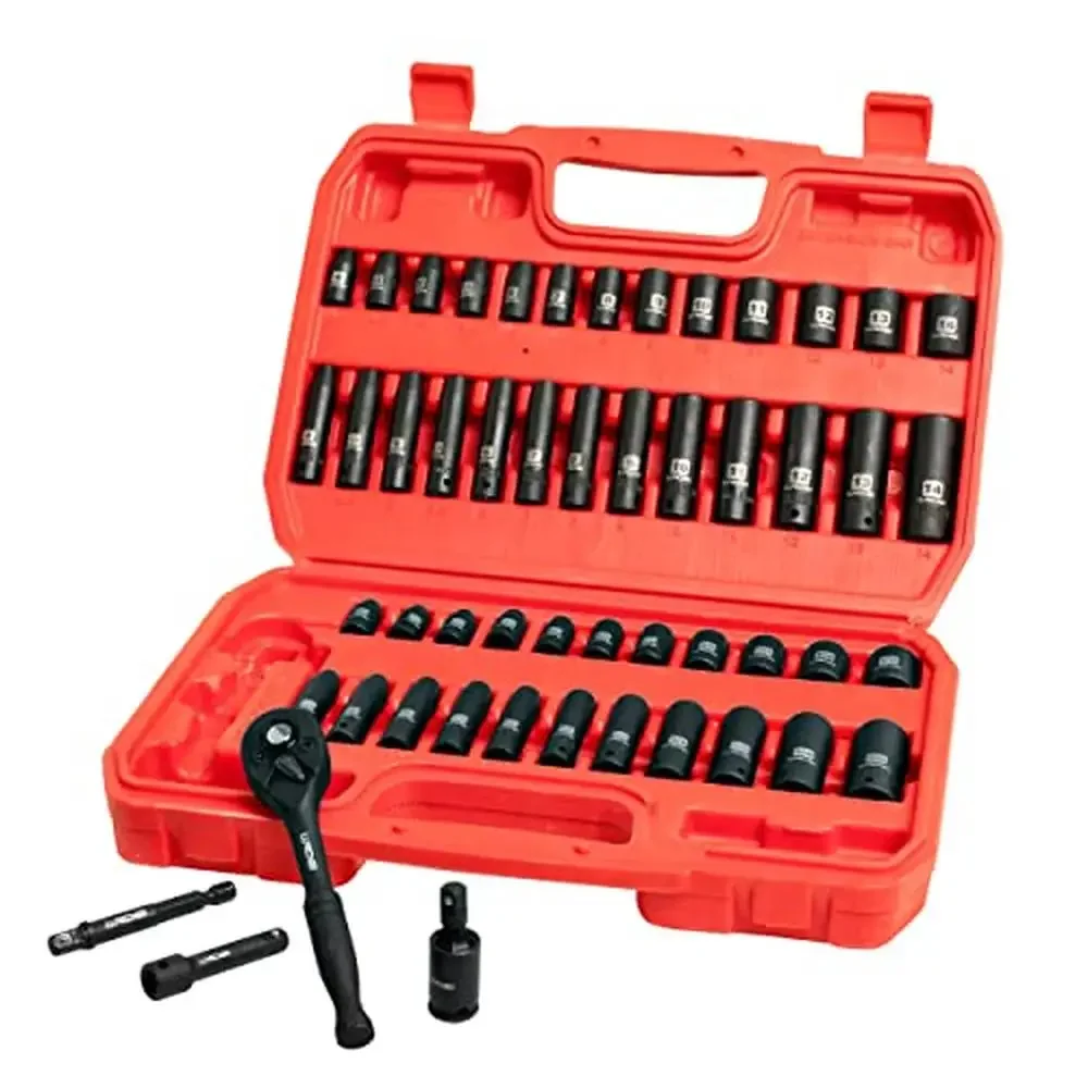 52-Piece Impact Socket Set with Ratchet CR-V Metric and SAE Sockets Heavy Duty Mechanics Tool Kit Home DIY Projects Storage Case