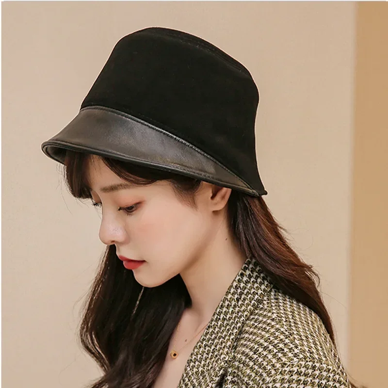 Korea Niche Designer Retro Genuine Leather Women Bucket Hat Lady Brown Fisherman Splicing Gorro Women Cover Face Street Basin Ca