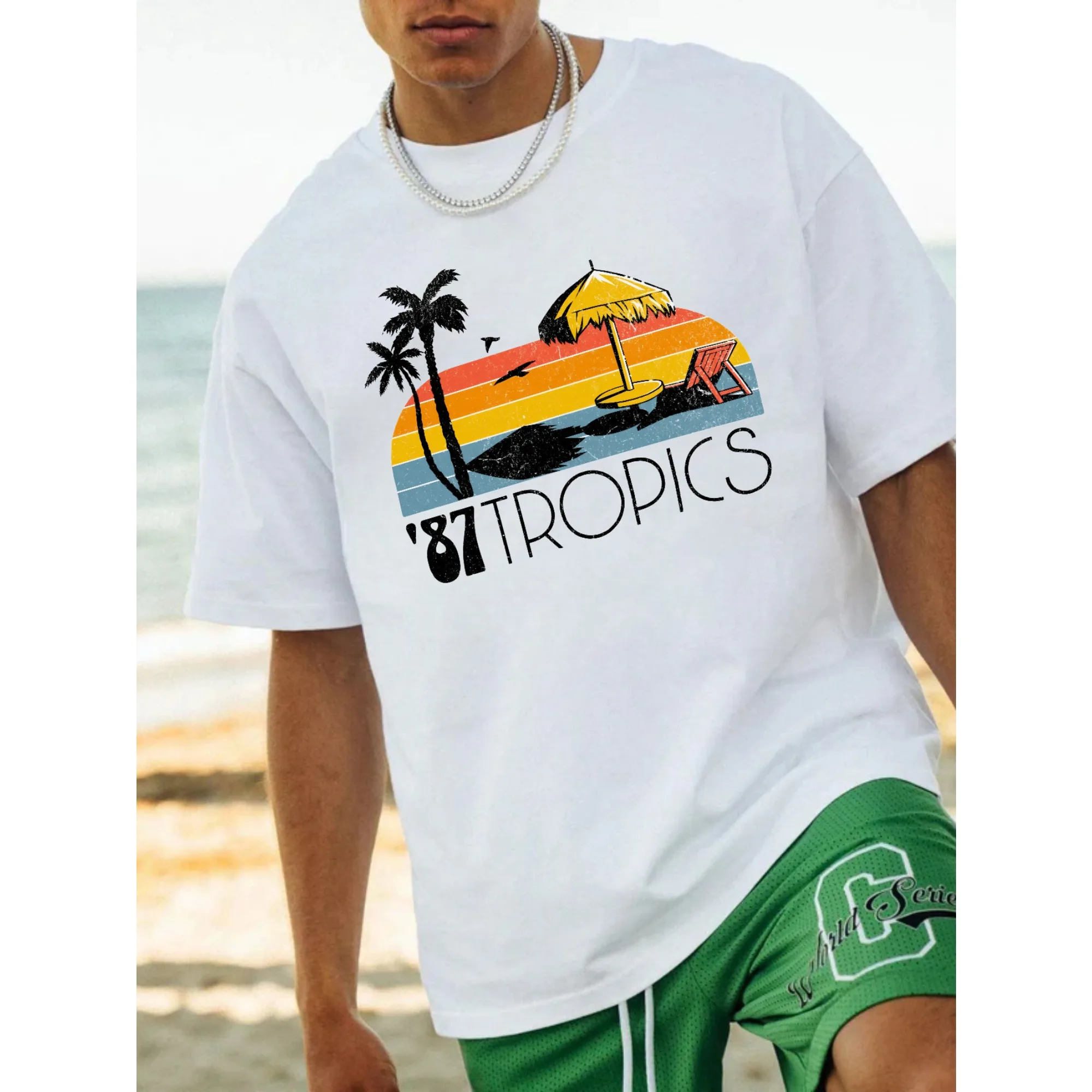 Tropics Retro Sunset Palm Tree Beach Graphic T-Shirt Men Women Casual Streetwear Short Sleeve Cotton Summer Vacation Tee Tops
