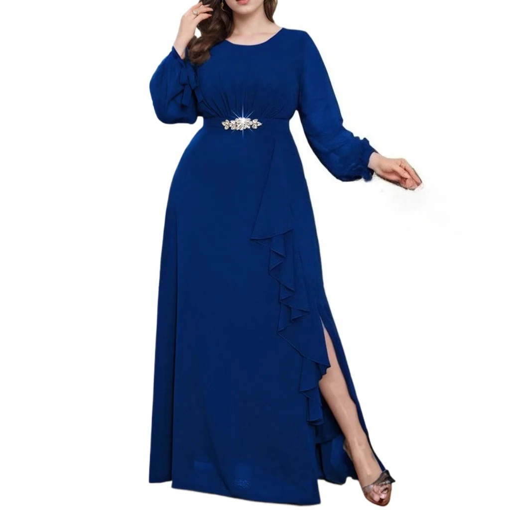 

Elegant Round Neck Ruffles Side Split Long Chiffon Plus Size Dress With Long Sleeves