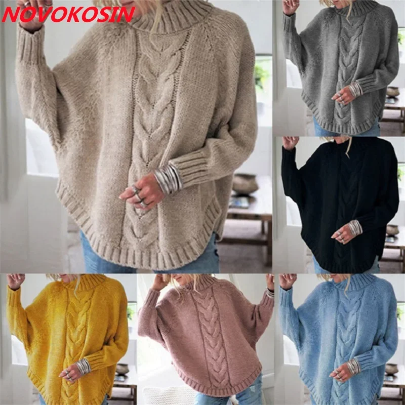 

Autumn Women Solid Knitted Loose Twistsy Sweater Long Batwing Sleeves High Neck Elastic Pullovers Circular Pendulum Knitwear