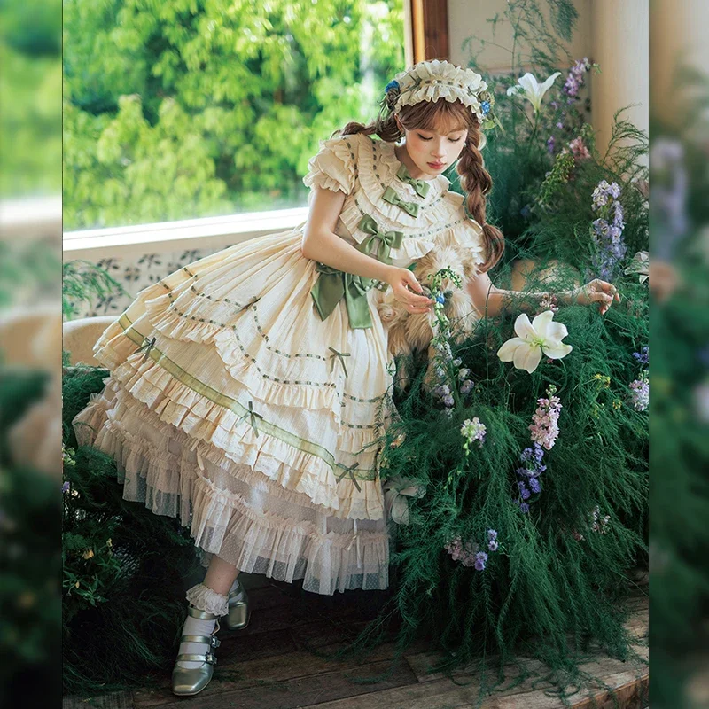 Original Lolita Dress Women's Cute Sweet Retro High Waist Elegant Tea Party Dress Lady Bow Ruffles Edge Short Sleeve Dress 2024