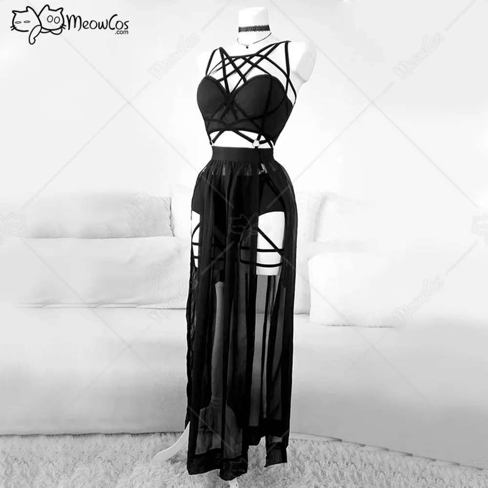 MEOWCOS Women Gothic Style Three Piece Bandage Suit Black Sexy Top and Mesh Split Skirt with Underwear