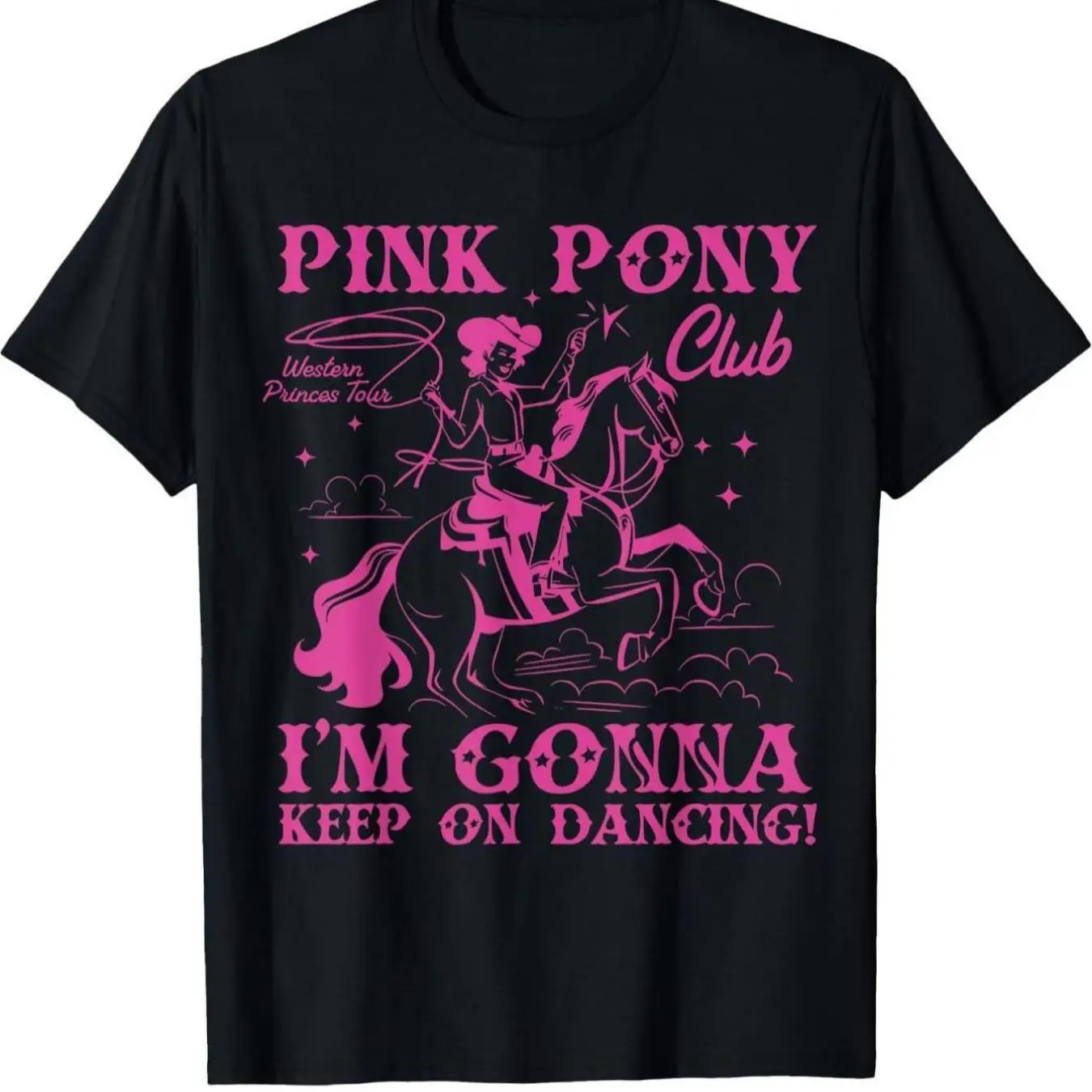Black T-Shirt with Pink Pony Club and I'm Gonna Keep on Dancing Graphic Soft Relaxed Fit Short Sleeve Casual Top
