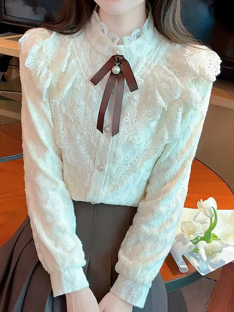 

Женская утепленная кружевная блузка с длинным рукавом, воротником-стойкой и завязками, осенне-зимняя, новая модель, приталенный крой