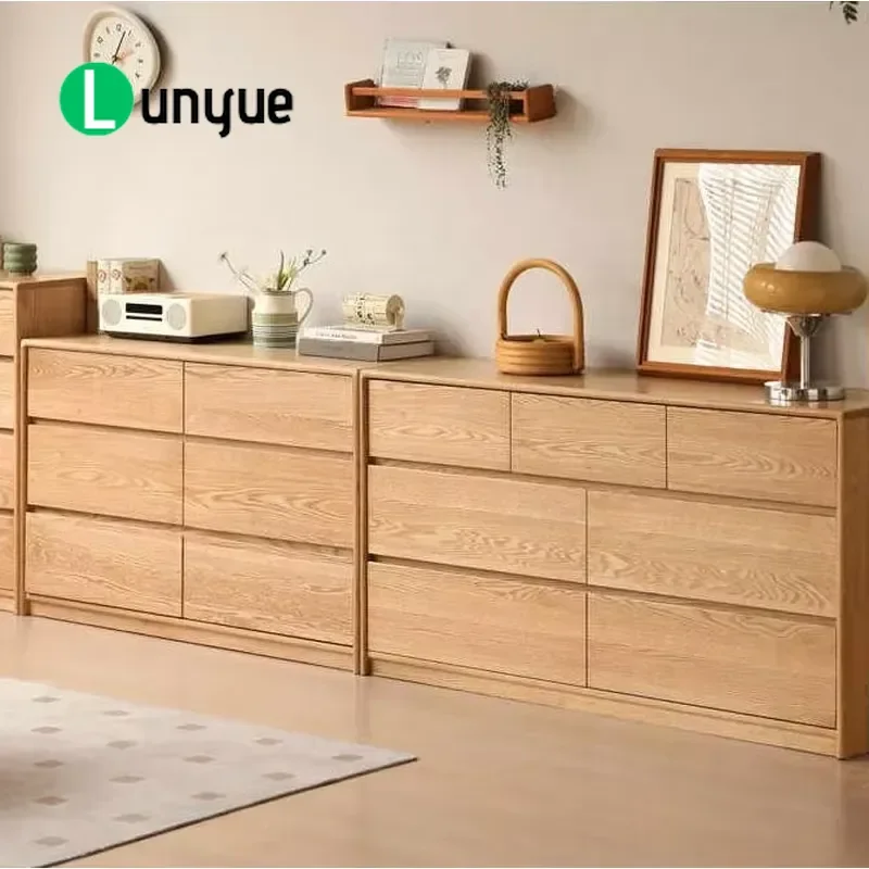 Japanese Oak TV Cabinet Solid Wood Large Capacity Storage Furniture with 5 Drawers for Bedroom Living Room Hotel Apartment