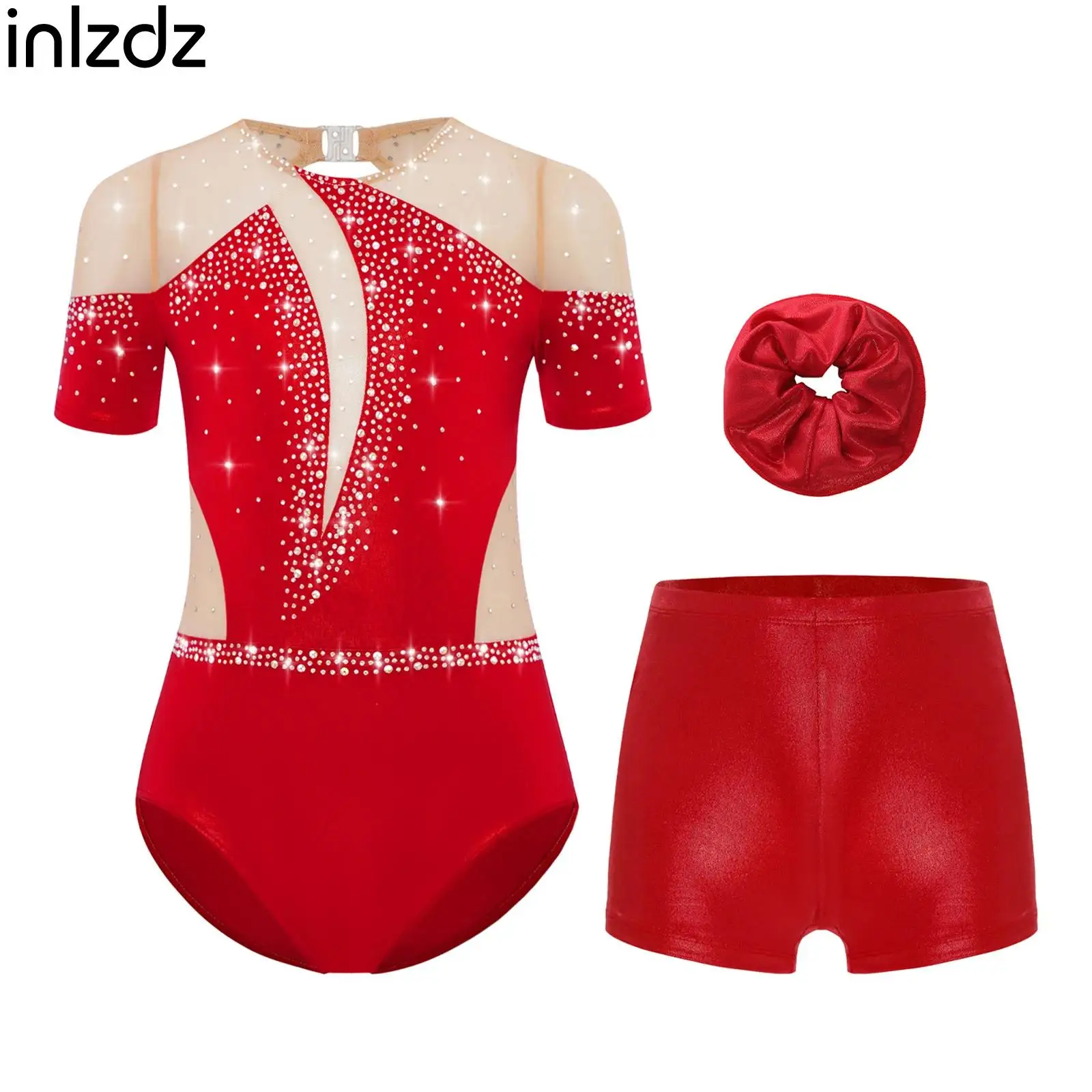 

Girls Gymnastics Figure Skating Ballet Dance Outfits Short Sleeve Cutout Back Rhinestones Mesh Leotard with Shorts And Hairband