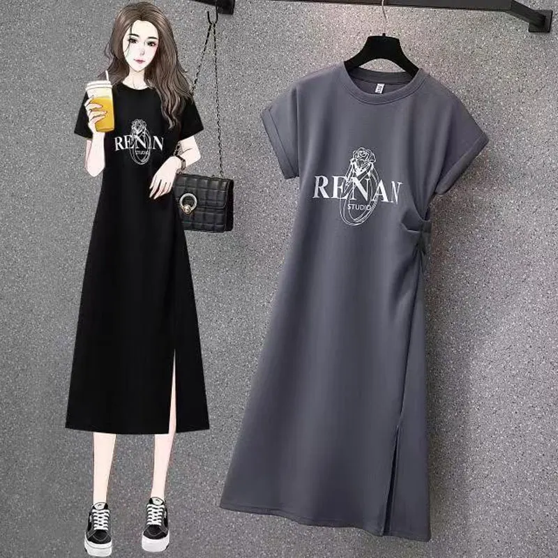 

Casual Folds O-Neck Dresses Short Sleeve Korean Female Clothing Letter Printed Summer A-Line Stylish Split All-match Midi Dress