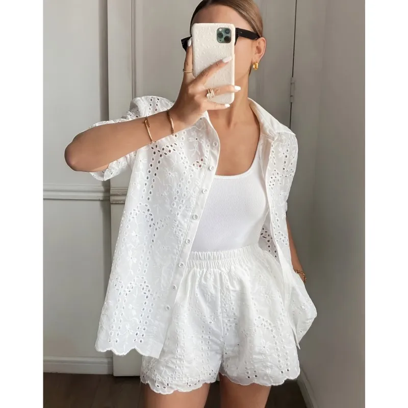 Summer White Hollow Out Loose Fit Shirt & Shorts Set Short Sleeve Lapel Ruffle Hem Casual 2 Piece Set Daily Women's Outfit