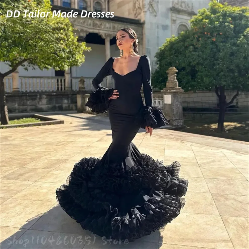 فستان حفلة موسيقية أسود فلامنكو إسباني أنيق حورية البحر بأكمام طويلة فستان سهرة لحفلات الراقصة الليلية حسب الطلب
