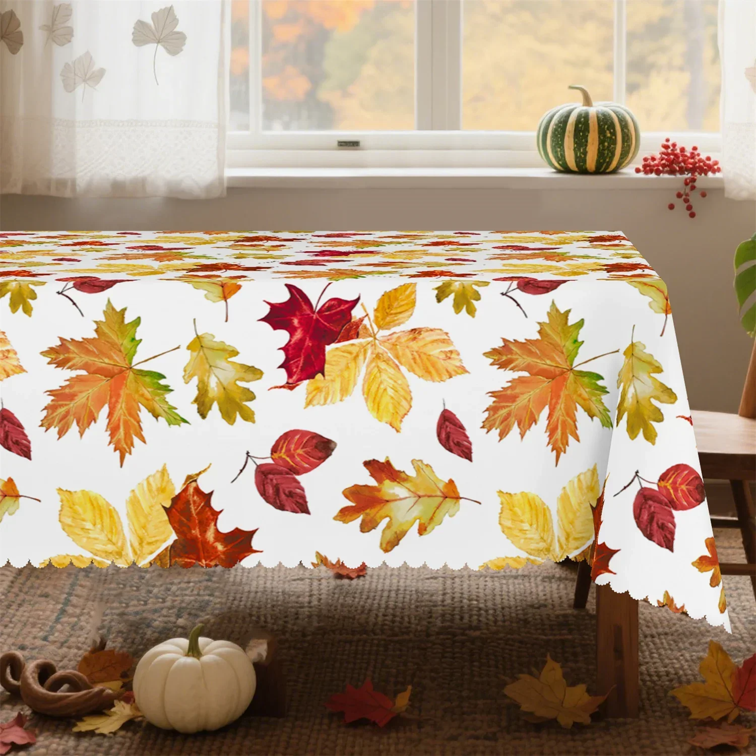 Red, yellow and orange gradient autumn leaves natural tablecloth. Washable. Farmhouse style. Thanksgiving party. Picnic.xzj