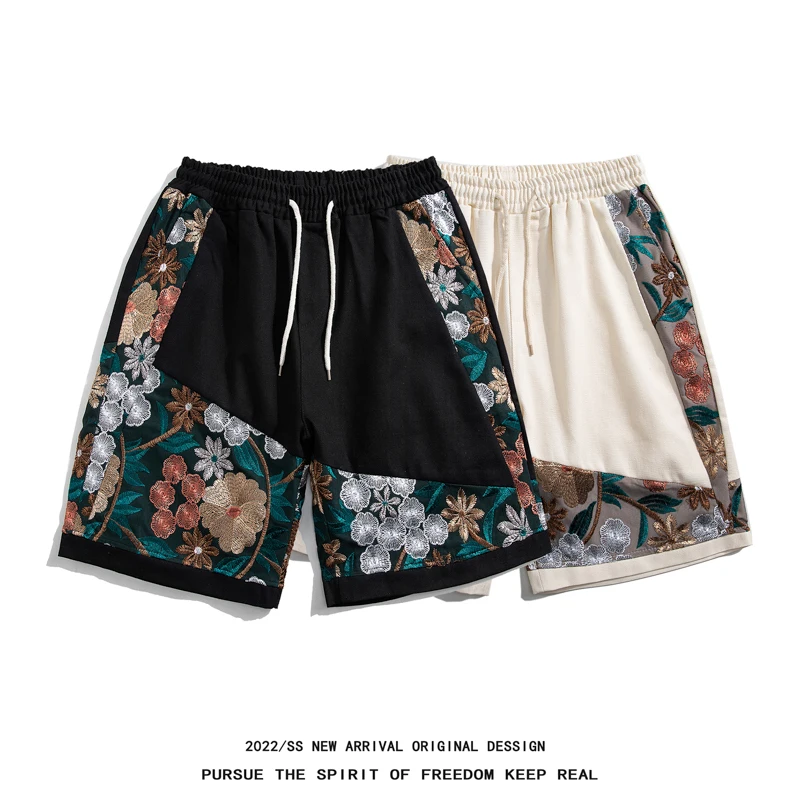 Summer Embroidered Shorts Men Casual Retro Shorts Men Japanese Streetwear Hip-hop Loose Vintage Shorts Mens Large Sizes Shorts