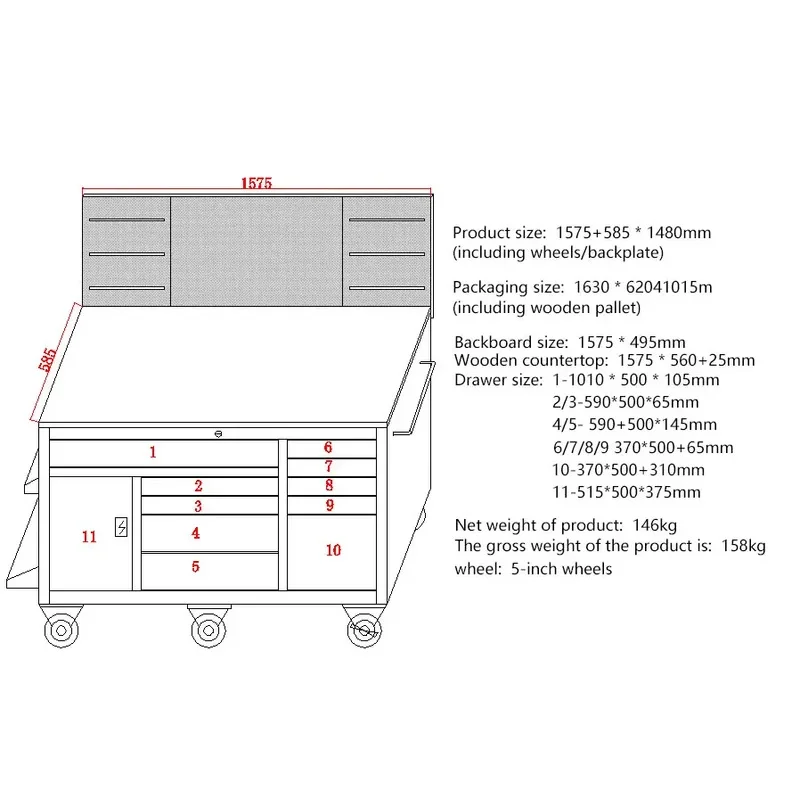 

(Marine shipping) Made in China Tool Cabinet Workshop Garage Steel Rolling Drawer Toolbox Mobile Work Desk Cabinet