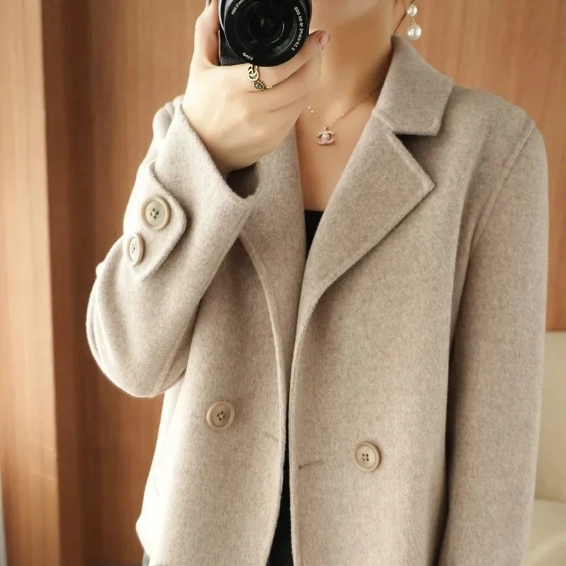 New Double-Sided Wool Coat Women\'s Short High-End Casual Tweed Suit Jacket Blend Wool Coat Black Double Breasted Blazer Female