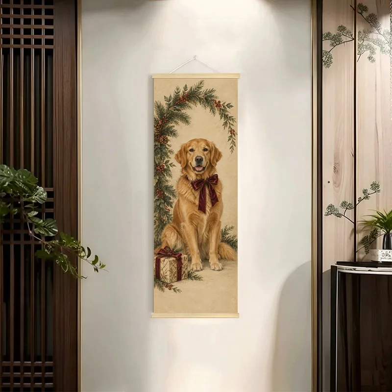 Christmas Dogs and Cats Hanging Scroll with Gifts and Evergreen Branches in a Warm Vintage Illustration for a Living Room