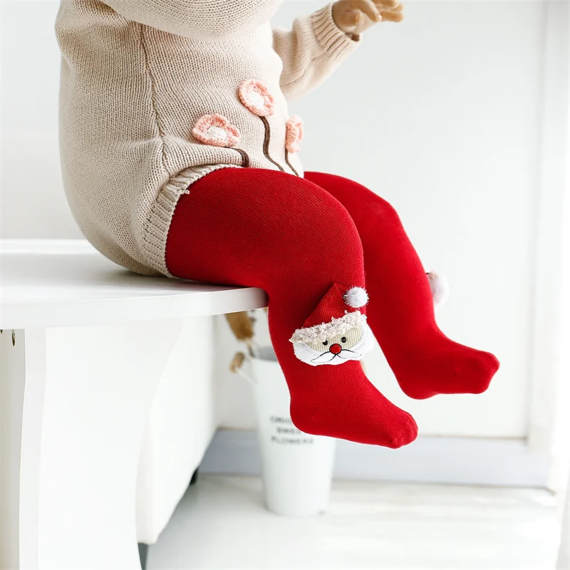 Medias navideñas para bebé, medias suaves tejidas de algodón rojo para recién nacidos, mallas para niña, pantimedias para niños pequeños de 0 a 24 meses