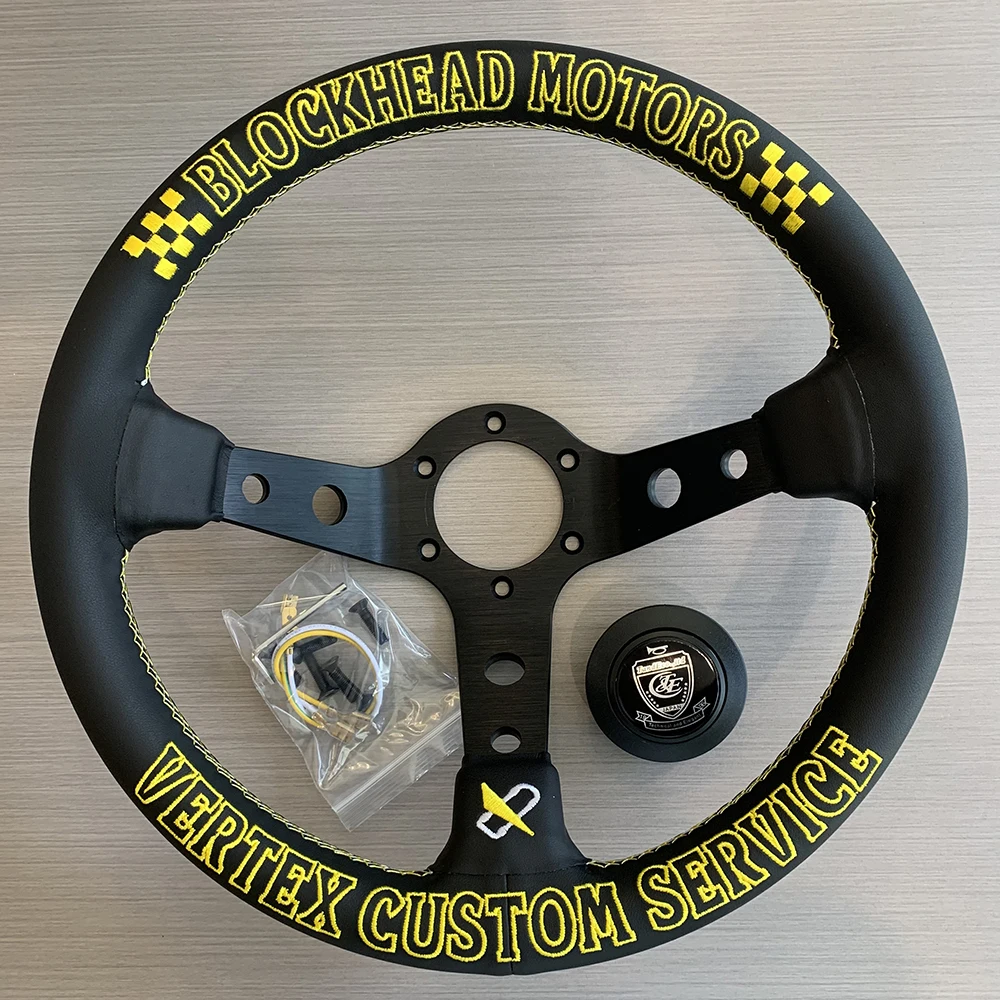 Universal JDM Blockhead Motors VERTEX CUSTOM SERVICE Embroidery Deep Dish Racing Sports Steering Wheel