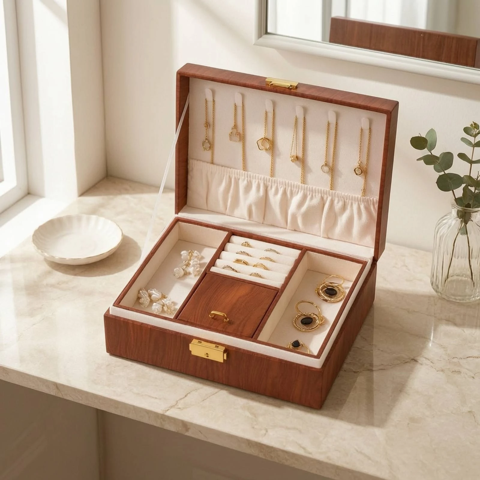 Jewelry Box with Latch Tangle-Tangle-Proof Two-Tier Jewelry Case Portable Soft for Women, Dresser, Vanity