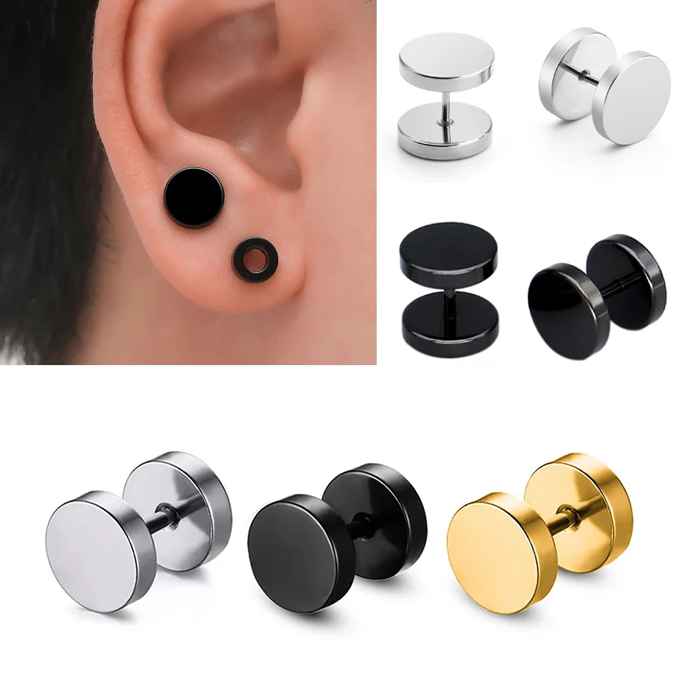 2 unids/set Color oro negro tornillo de acero inoxidable mancuerna pendiente para Mujeres Hombres Punk gótico Piercing pendientes falsos joyería