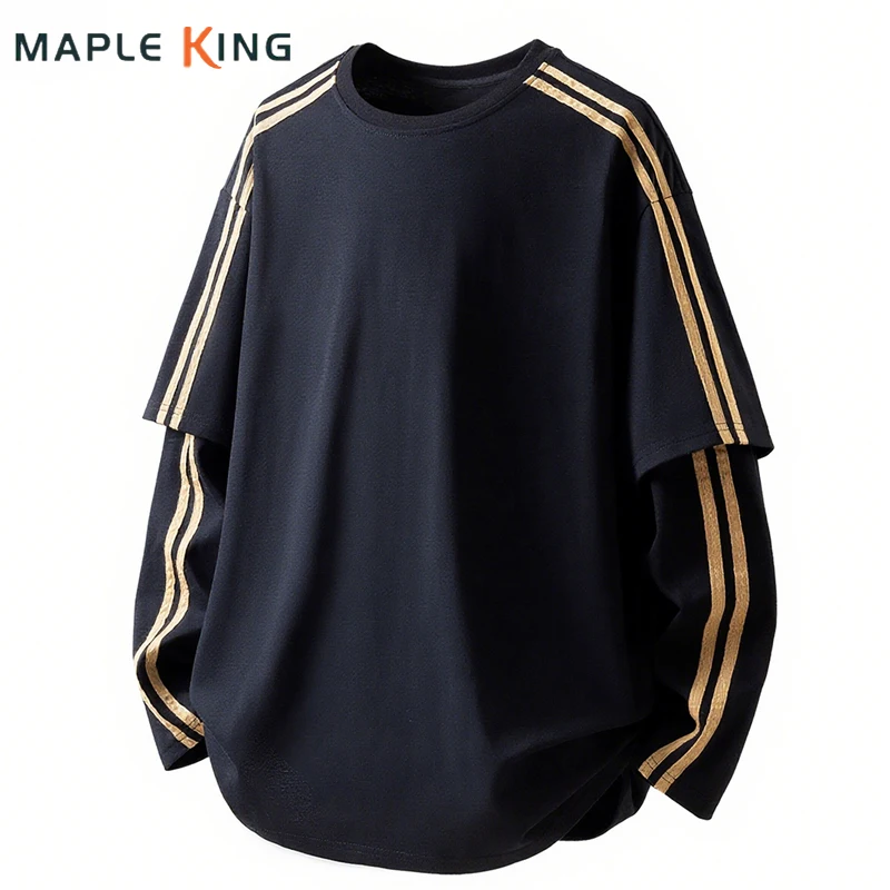 

Мужские футболки с длинными рукавами из двух искусственных предметов, свободная уличная одежда 2026, хипстерский повседневный трикотаж, крутые футболки большого размера, толстовки в стиле хип-хоп, топы