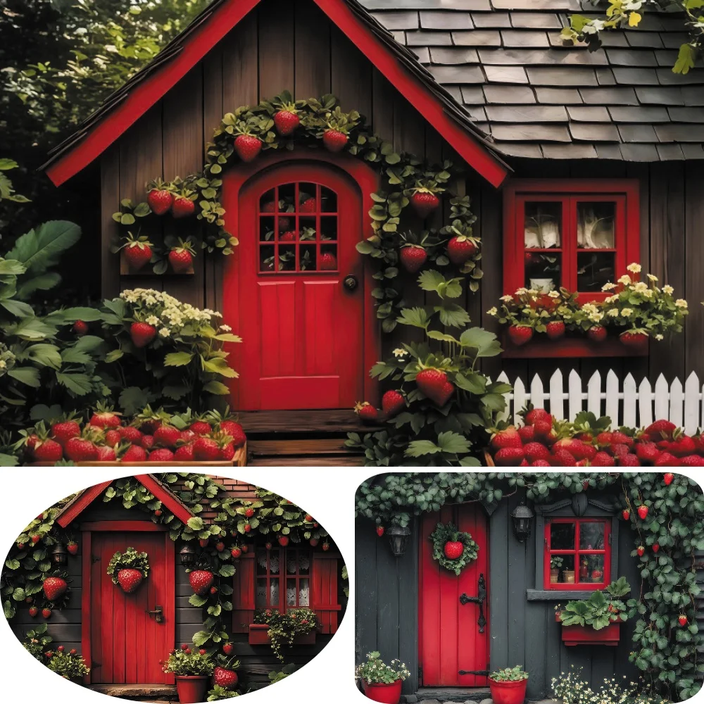 Wooden Board House Strawberry Backdrop Red Sweet Fruit Farm Fence Photography Background Women Girls Birthday Party Decor