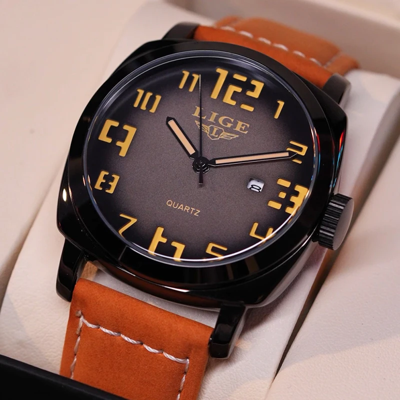 LIGE 2025 جديد كوارتز ساعات المعصم موضة ساعات فاخرة غير رسمية الرجال 30 متر مقاوم للماء مضيئة جلدية تاريخ ساعة رجالي Reloj Hombre