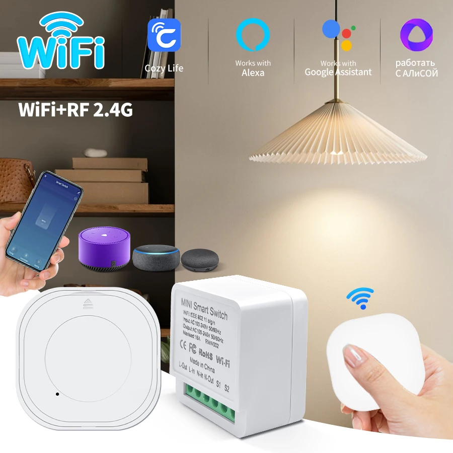 Wifi Smart Switch Module DIY Relay Breaker RF 2.4G ON OFF Button Cozylife App Remote Control Works with Alexa Google Home Alice