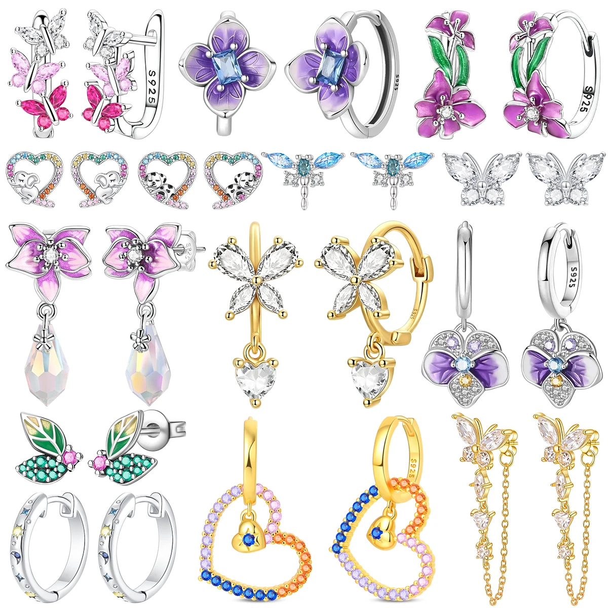 

925 Sterling Silver Romantic Floral Butterfly Pansy Puppy Heart Fairy Leaf Wing Hoop Stud Drop Earring Inlaid Gem Gift Jewelry