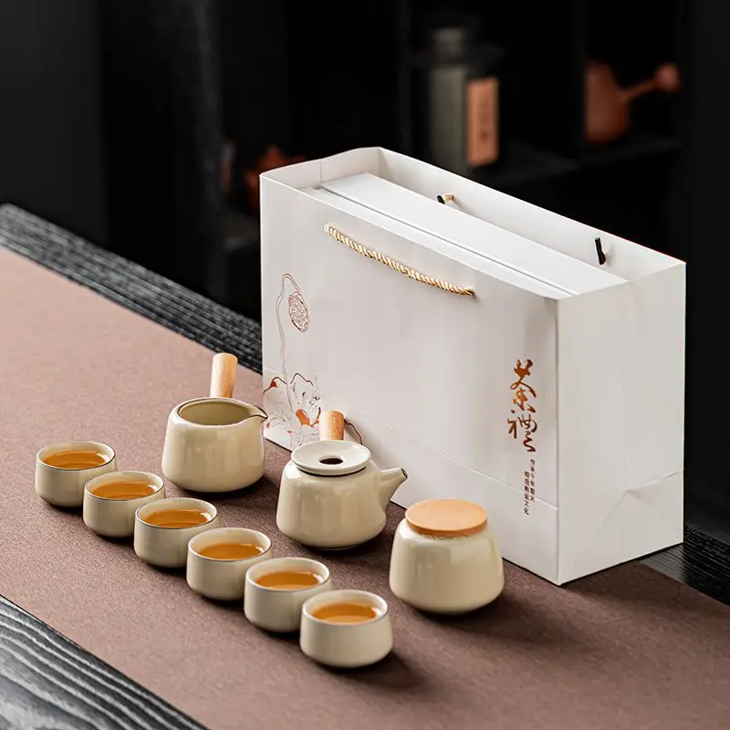 Ru Kiln Gongfu Tea Set for Home Use, Complete Set with Ge Kiln Ceramic Teapot, Tea Cups, Water-Absorbing Tea Tray, Gift Box