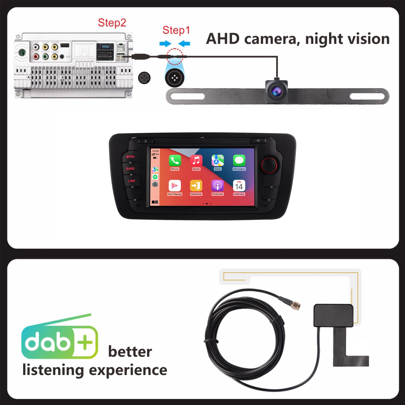 Radio mobil 7 ", dengan Carplay nirkabel Android Auto SWC untuk Seat Ibiza 2009-2013 dengan layar sentuh IPS DSP DAB + AHD kamera tampilan belakang