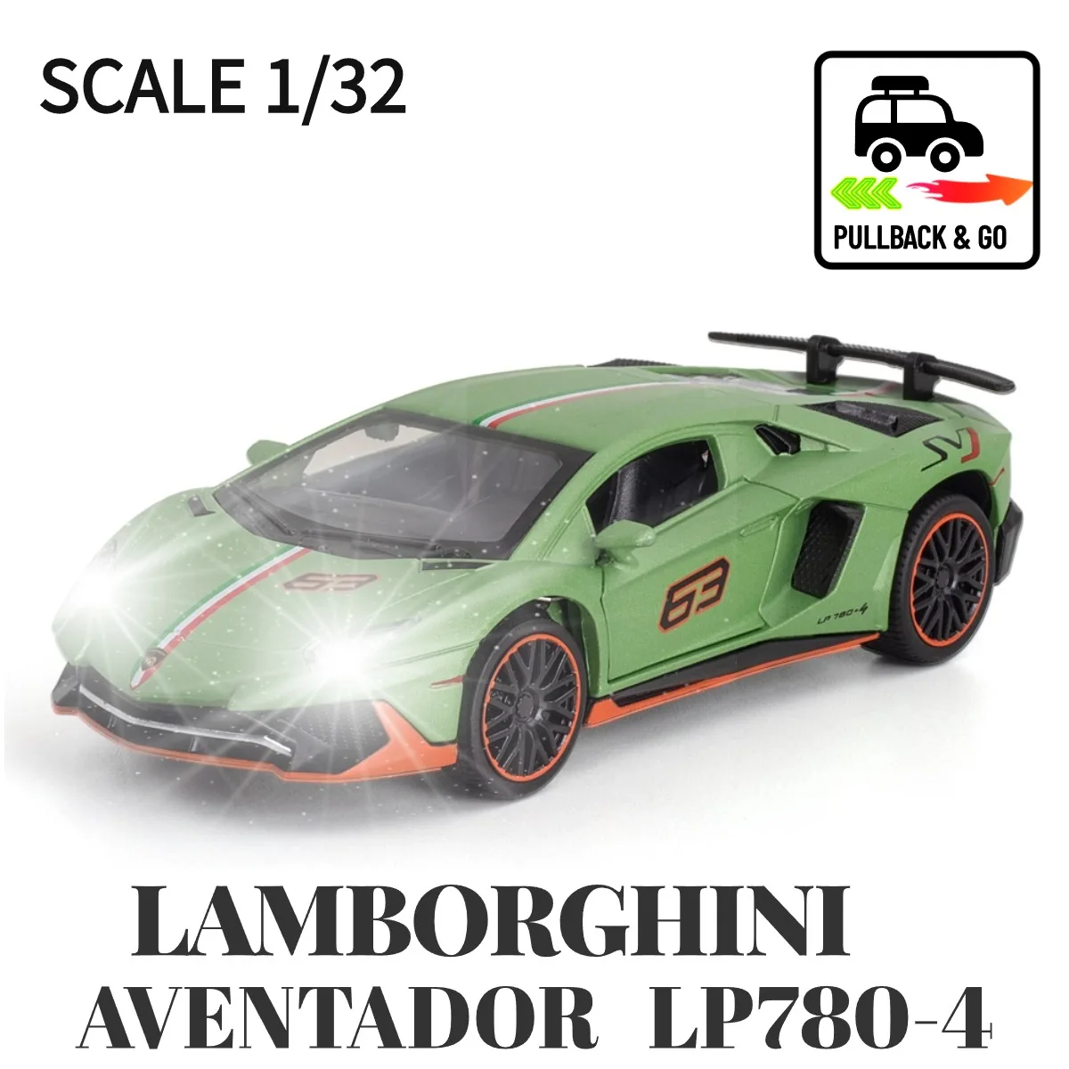 

Lamborghini Aventador LP780-4 Scale 1:32 Pullback Car Toy with Lights Engine Sound, Metal Diecast Car Model Gift Kid Boy Toy